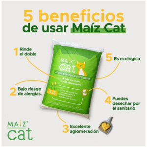 Infografía 5 beneficios de Maíz Cat: rinde el doble, menos alergias, excelente aglomeración, desechable por sanitario y ecológica.