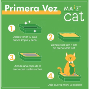 Infografía “Primera vez” con Maíz Cat: limpiar caja, llenar 4 cm, mezclar con arena anterior y dejar que el gato explore.