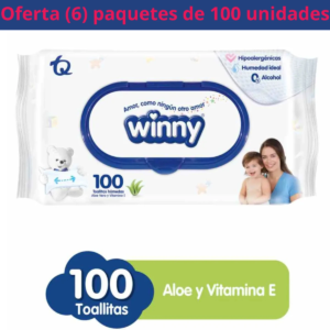 ¡Aprovecha la Oferta! 6 Paquetes de Toallitas Húmedas Winny con Aloe Vera y Vitamina E - 100 Unidades Cada Uno